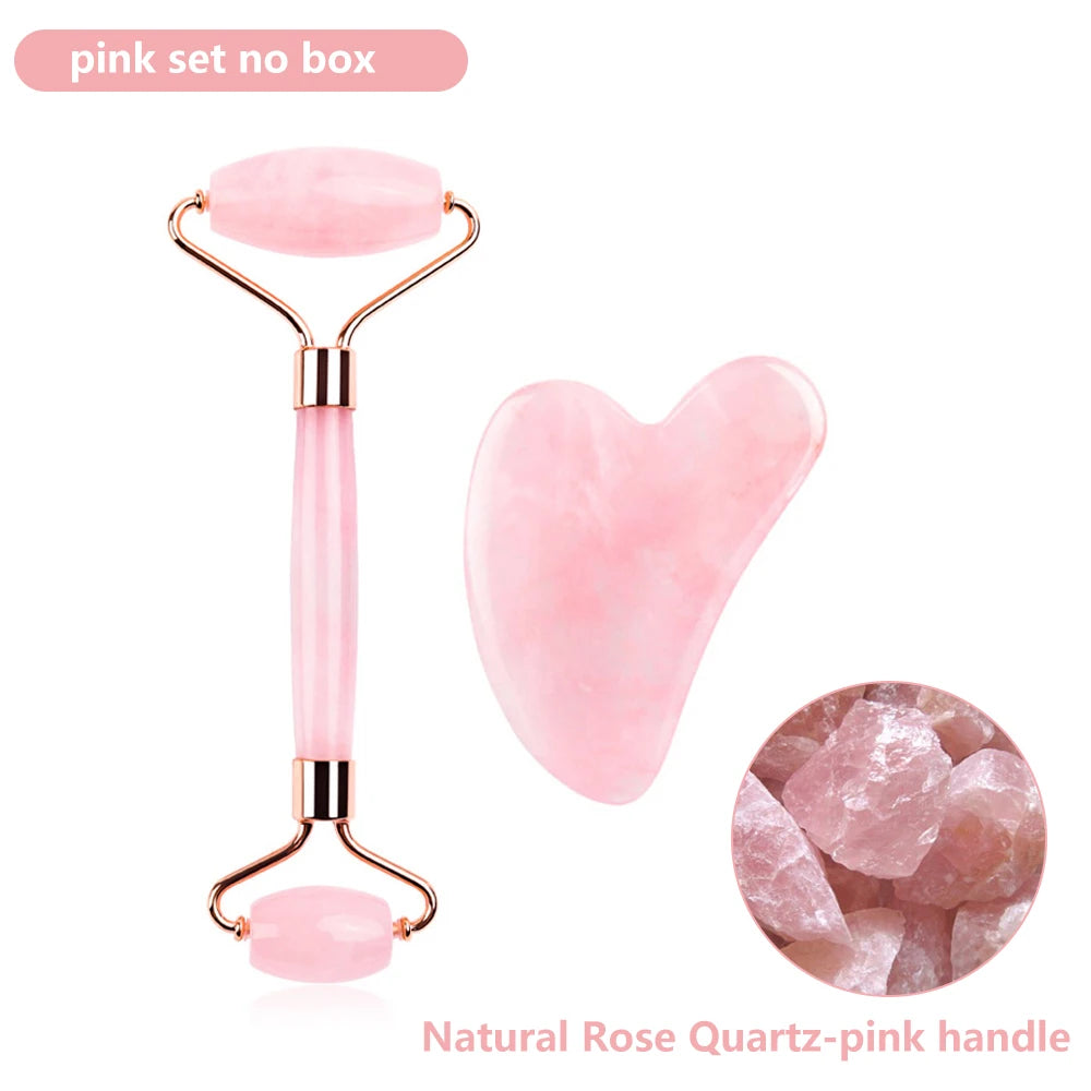 Natural Rose Quartz Jade Roller & Gua Sha Set with Box