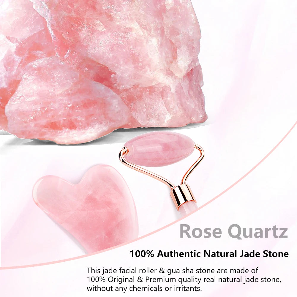 Natural Rose Quartz Jade Roller & Gua Sha Set with Box