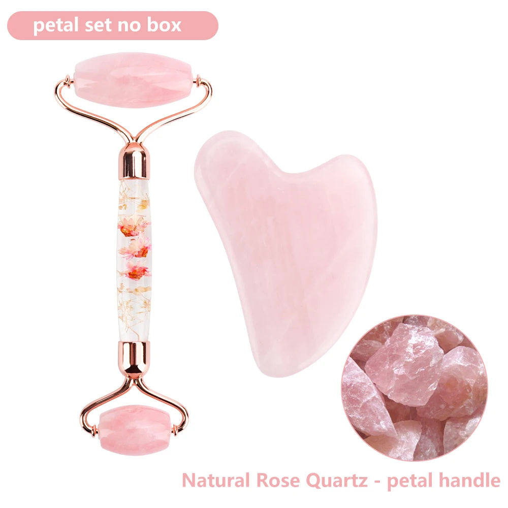 Natural Rose Quartz Jade Roller & Gua Sha Set with Box