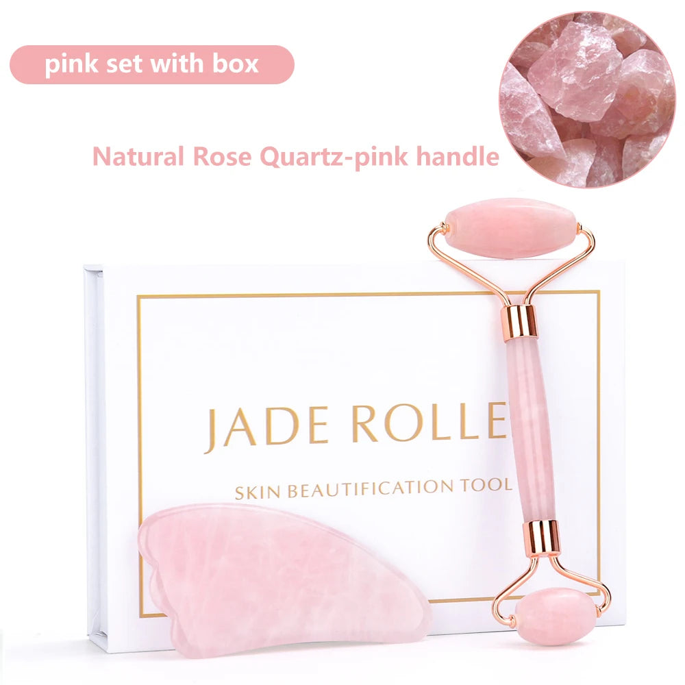 Natural Rose Quartz Jade Roller & Gua Sha Set with Box